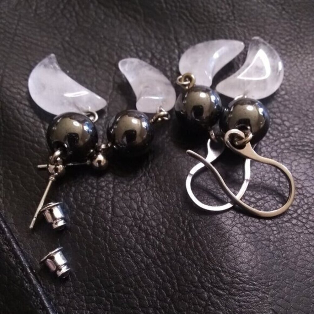 Emotional Balance: Handmade Quartz Moon & Hematite Dangle Earrings - Picture 9 of 10
